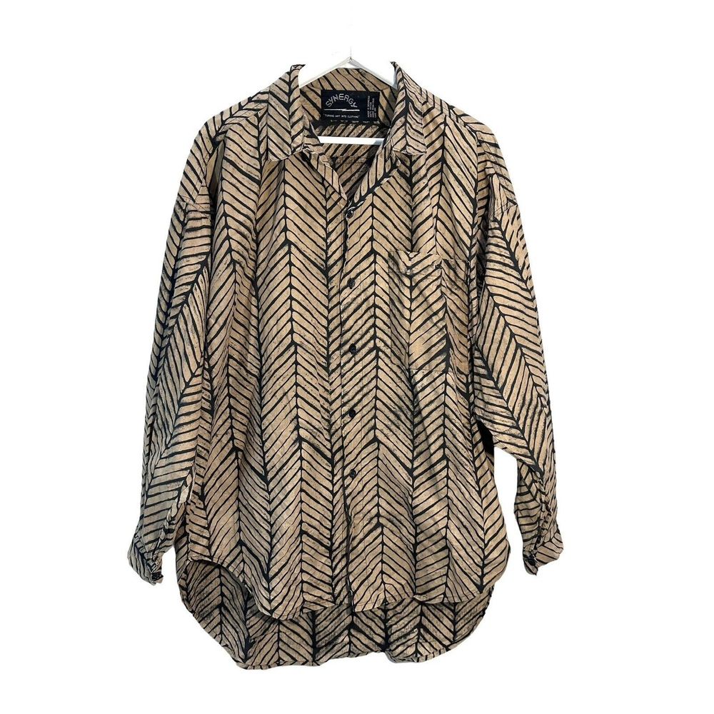 Synergy Womans Y2K 90's Brown/Black Long Sleeve Button Down Top Size Large